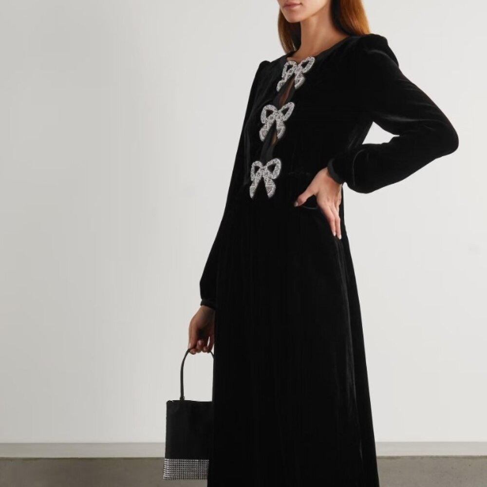 NWT - Saloni - Camille Velvet Embellished Bows Dress in Black - Size US 2